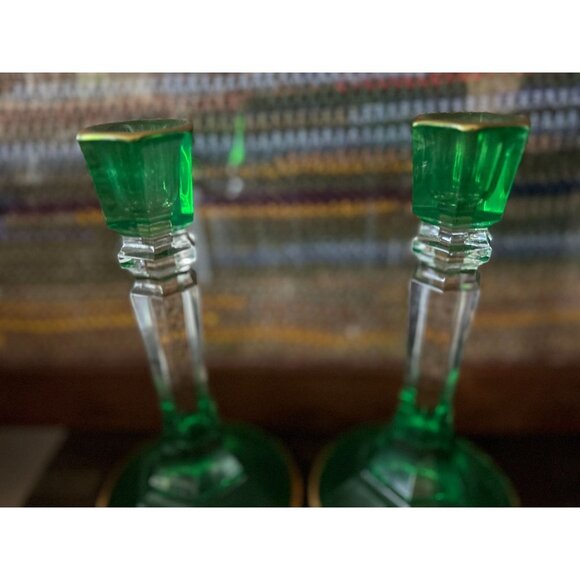 Set of 2 Empoli Emerald and Clear Glass Candle Holders Circa 1950 - 8.5" Tall - Picture 6 of 8